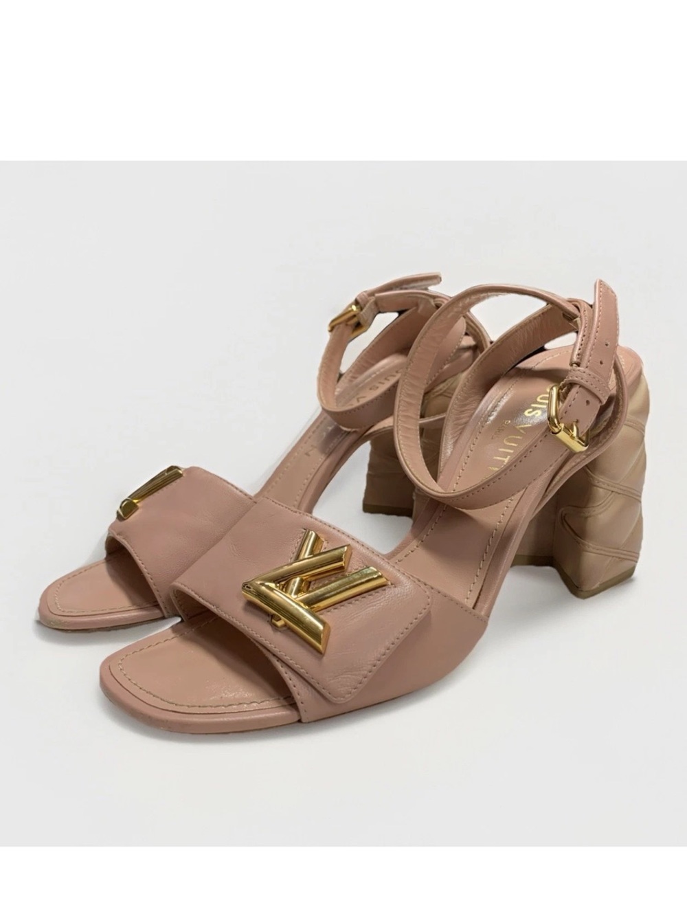 Louis Vuitton Nude Pink Leather Block Heel Sandals with Gold LV Hardware